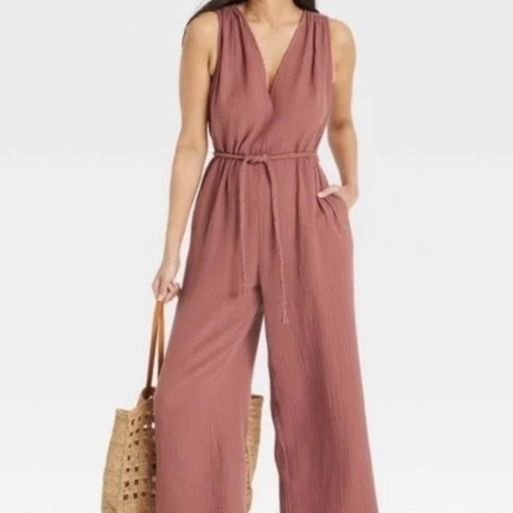 100% Gauze Cotton Muslin Dusty Pink Jumpsuit Neutral Natural Fiber Boho - Picture 2 of 6